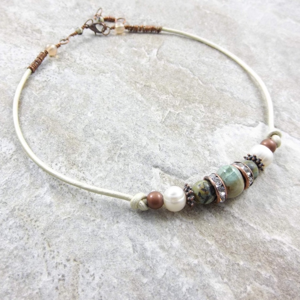 White leather pearl and turquoise choker